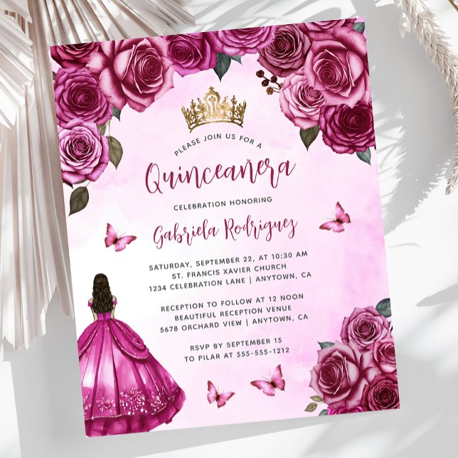 Budget Fuchsia Pink Floral Quinceañera Einladung (Von Creator hochgeladen)