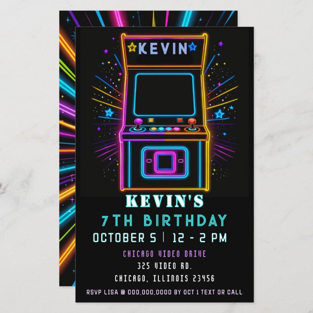 Budget Gaming Spaß Neon Glow Arcade Birthday Einla (Vorne/Hinten)