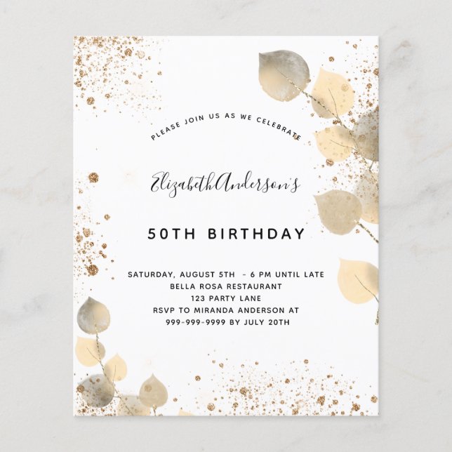 Budget Geburtstag Eukalyptus foliogold Einladung (Vorderseite)