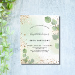 Budget Geburtstag Eukalyptus Glitzer Grün modern<br><div class="desc">Für eine elegante 50. Geburtstagsfeier (oder jedes Alter). Ein goldfarbener Hintergrund mit Eukalyptusgrün und Imitaten goldener Glitzer Staub. Personalisieren und einen Namen und Party Details. Schwarze und goldfarbene Buchstaben. Zurück: grüner,  wasserfarbener Hintergrund</div>