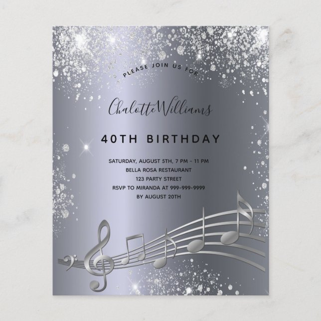 Budget Geburtstag silberne Musiknoten Metall Glitz (Vorderseite)