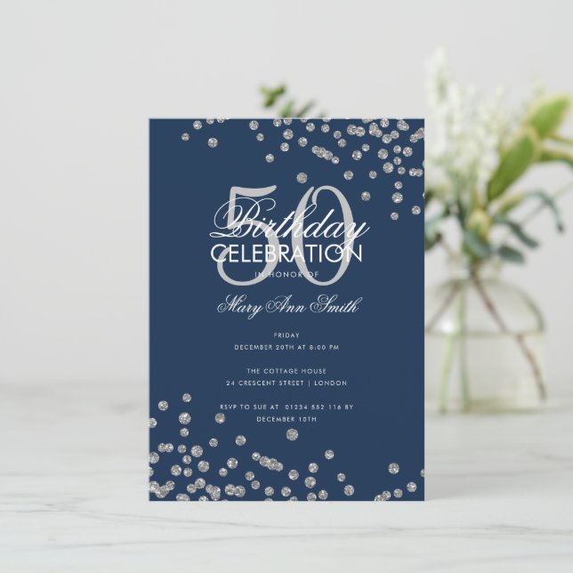 Budget Geburtstag Silver Glitzer Confetti Navy Einladung (Stehend Vorderseite)