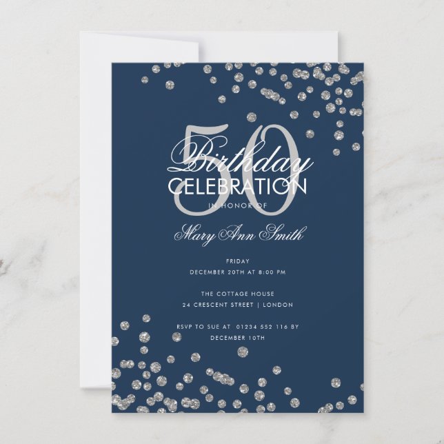 Budget Geburtstag Silver Glitzer Confetti Navy Einladung (Vorderseite)
