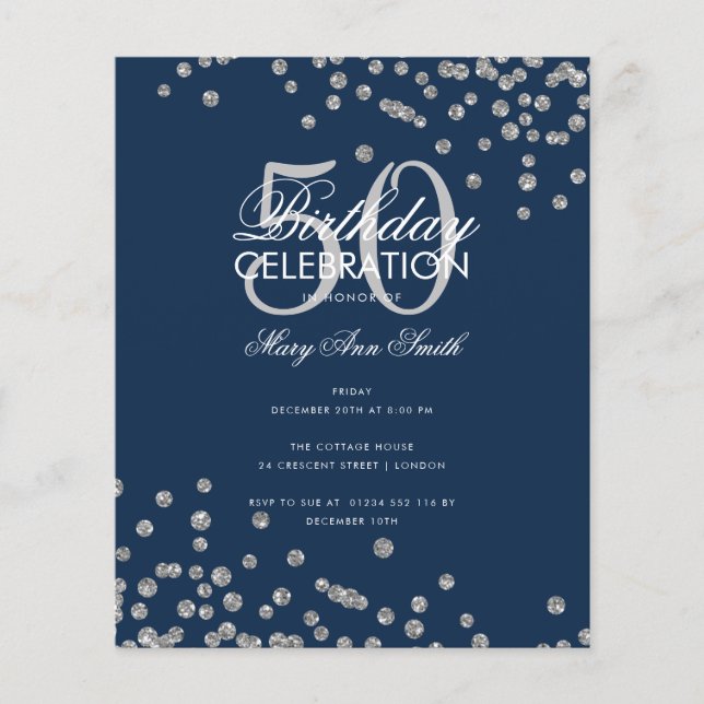 Budget Geburtstag Silver Glitzer Confetti Navy Flyer (Vorne)