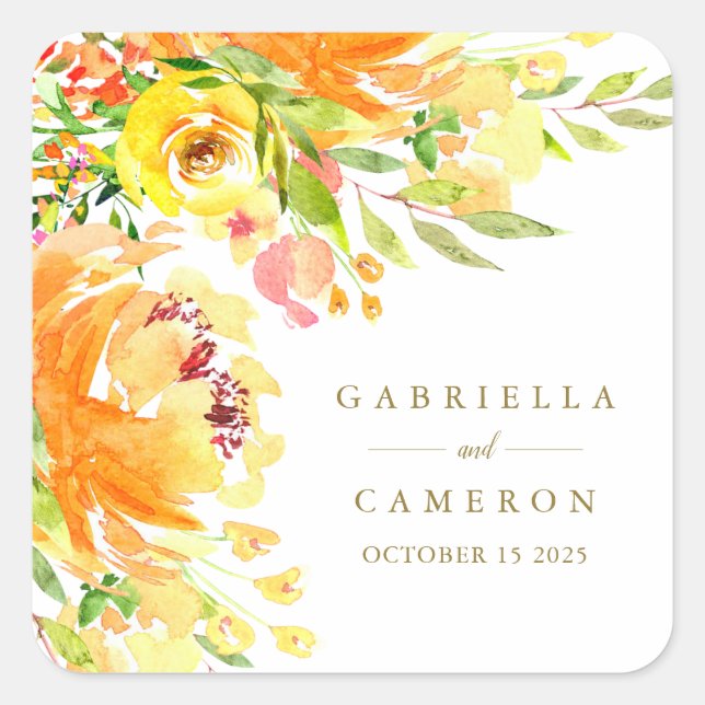 Budget Gelbe Blumen Wasserfarbenhochzeit Quadratischer Aufkleber (Vorderseite)