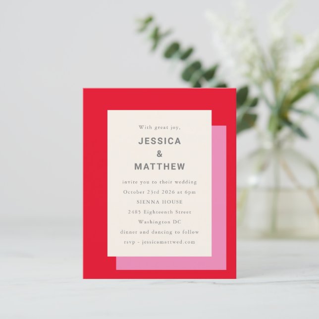 Budget Geometric Bold Rosa Red Wedding Einladung (Stehend Vorderseite)