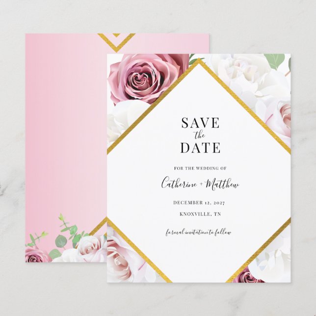 Budget-Geometrisches Florales Rosa Save-The-Date (Vorne/Hinten)