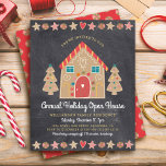 Budget Gingerbrei Open House Chalkboard Einladung<br><div class="desc">Ein niedliches, skurriles Lebkuchenhaus und Bäume, Stars, Herzen und Bonbons, zusammen mit spielerischer Schriftzeichen-Typografie, überlagern einen dunkelkohlegrauen Kalkboardhintergrund und helfen Ihnen, die Urlaubssaison zu beginnen. Ein Pfefferminzkerzenmuster auf einem roten Hintergrund schmückt den Rücken. Feiern Sie mit Familie und Freunden, während Sie die Wärme und Freude der Ferienzeit spüren. Senden Sie...</div>