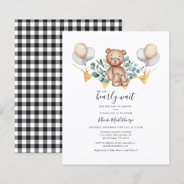 Budget Gingham Baby Shower Eucalyptus Einladung (Vorne/Hinten)