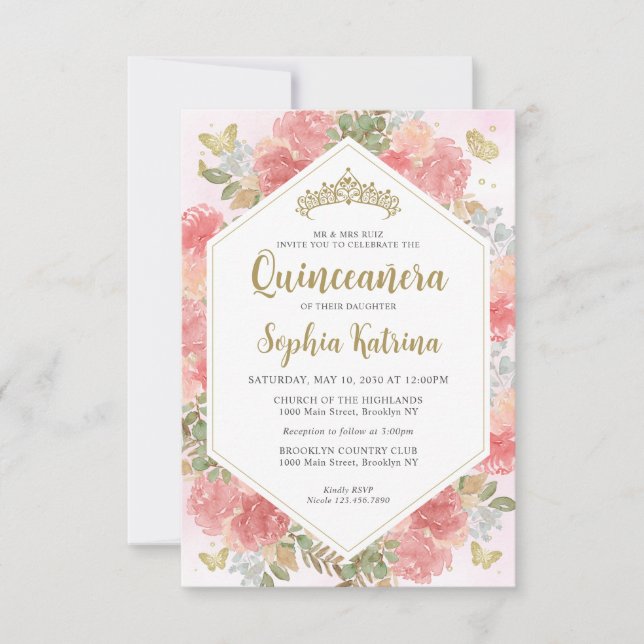 Budget Girl Blush Pink Floral Gold Quinceañera Mitteilungskarte (Vorderseite)