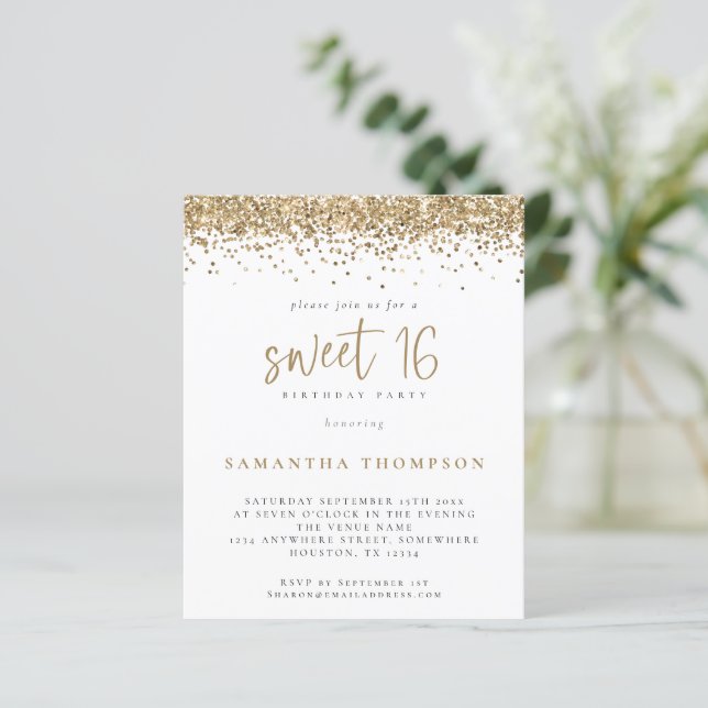 Budget Girly Gold Glitzer Sweet 16 Einladung (Stehend Vorderseite)