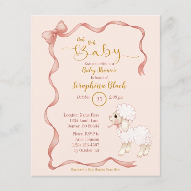 BUDGET Girly Pink Bow Lamb Baby Dusche Einladung (Vorderseite)