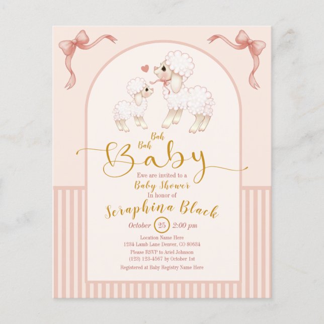 BUDGET Girly Pink Lamb Baby Dusche Einladung (Vorderseite)