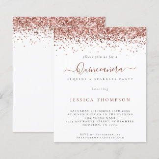 Budget Girly Rose Gold Glitzer Quinceañera Einladu