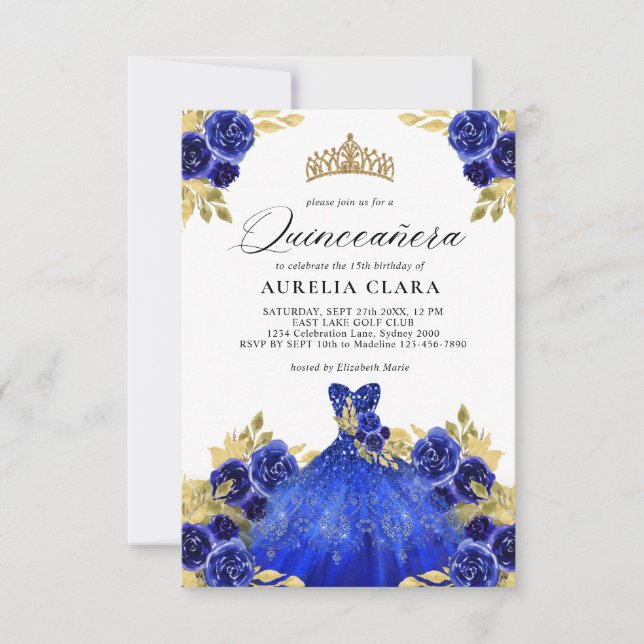 BUDGET Glam Blue Dress Floral 15. Quinceañera Mitteilungskarte (Vorderseite)