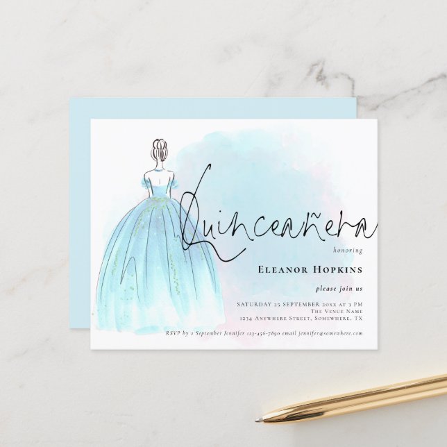 Budget Glam Blue Dress Quinceanera Einladung (Vorderseite/Rückseite Beispiel)