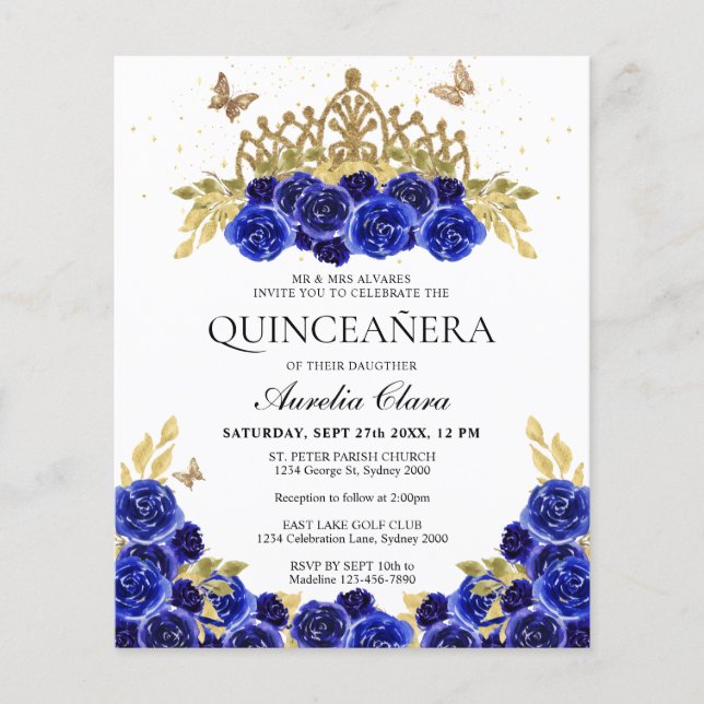 Budget Glam Blue Floral Gold Tiara Quinceanera (Vorderseite)