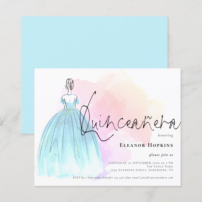 Budget Glam Dress Blue Quinceanera Einladung (Vorne/Hinten)