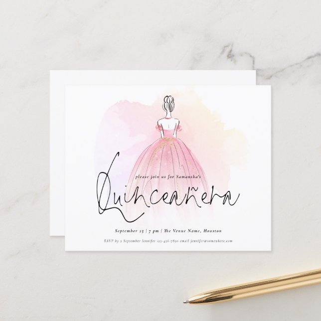 Budget Glam Dress Elegant Quinceanera Einladung (Vorderseite/Rückseite Beispiel)