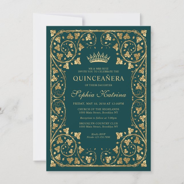 Budget Glam Emerald Green Gold Tiara Quinceanera Mitteilungskarte (Vorderseite)