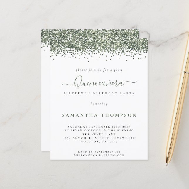 Budget Glam Green Glitzer Quinceañera Einladung (Vorderseite/Rückseite Beispiel)