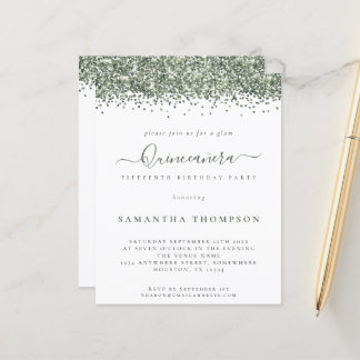 Budget Glam Green Glitzer Quinceañera Einladung