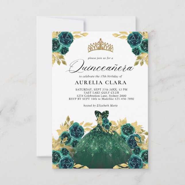 BUDGET Glam Grünes Kleid Floral 15. Quinceañera Mitteilungskarte (Vorderseite)