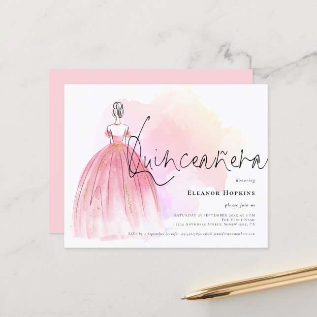 Budget Glam Kleid Rosa Quinceanera Einladung (Vorderseite/Rückseite Beispiel)