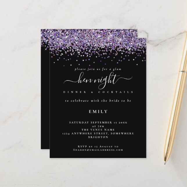 Budget Glam Lila Glitzer Hen Night Black Einladung (Vorderseite/Rückseite Beispiel)