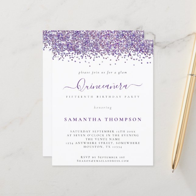 Budget Glam Lila Glitzer Quinceañera Einladung (Vorderseite/Rückseite Beispiel)