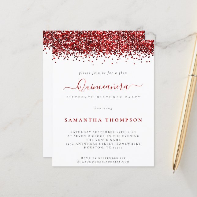 Budget Glam Roter Glitzer Quinceañera Einladung (Vorderseite/Rückseite Beispiel)