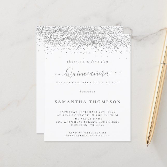 Budget Glam Silver Glitzer Quinceañera Einladung (Vorderseite/Rückseite Beispiel)