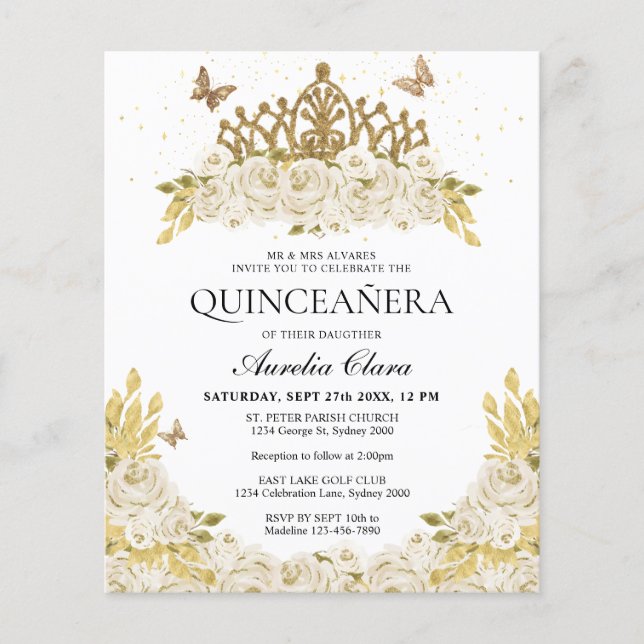 Budget Glam White Floral Gold Tiara Quinceanera (Vorderseite)
