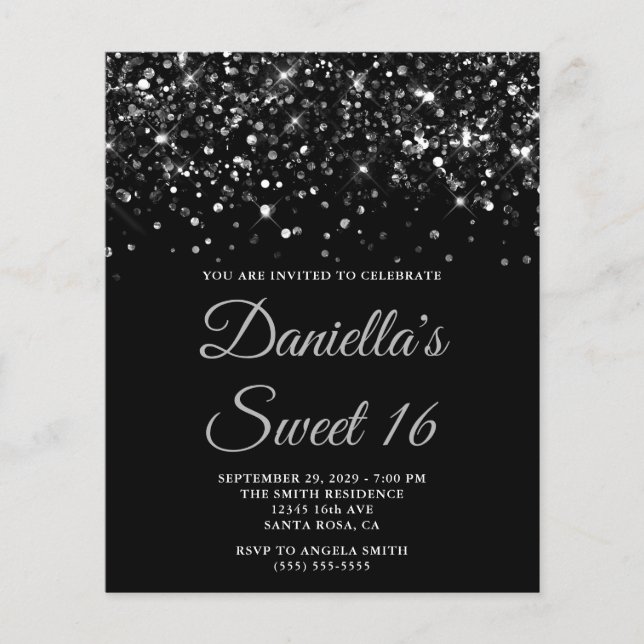 Budget Glittery Black Sweet 16 Einladung (Vorderseite)