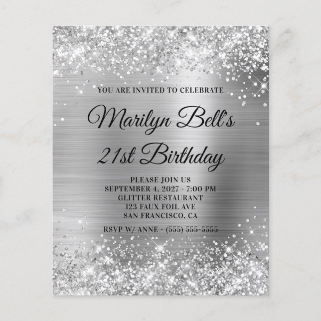 Budget Glittery Silver 21. Geburtstag Einladung (Vorderseite)