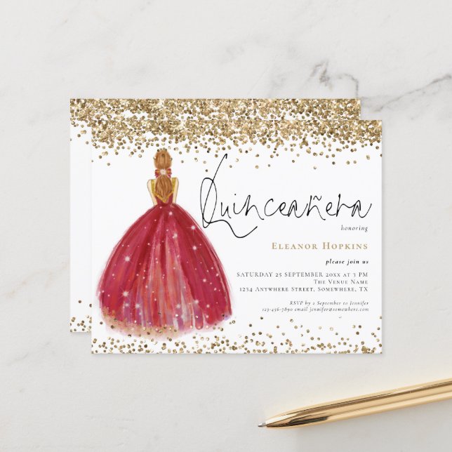 Budget Glitzer Burgundy Gown Quinceanera Einladung (Vorderseite/Rückseite Beispiel)