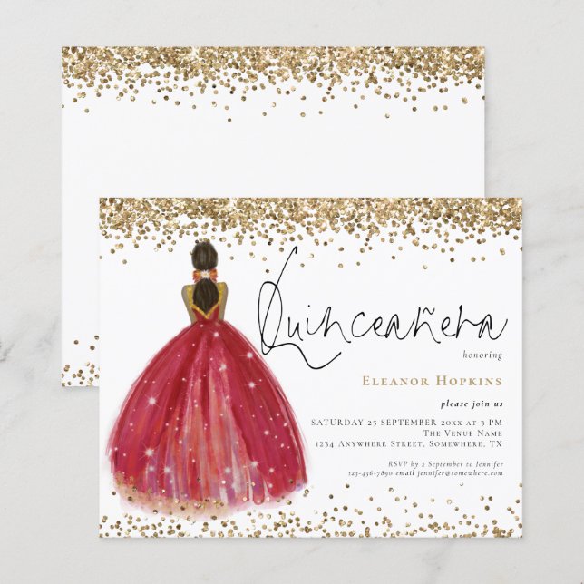Budget Glitzer Burgundy Kleid Quinceanera Einladun (Vorne/Hinten)