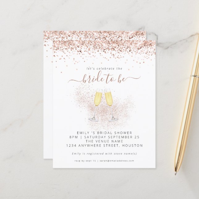 Budget Glitzer Champagne Bridal Dusche Einladung (Vorderseite/Rückseite Beispiel)