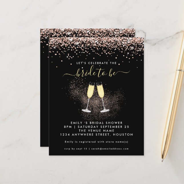 Budget Glitzer Champagne Bridal Dusche Einladung (Vorderseite/Rückseite Beispiel)
