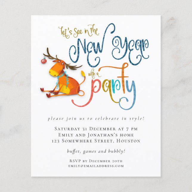 Budget Glitzer Funny Deer New Year Party Einladung (Vorderseite)
