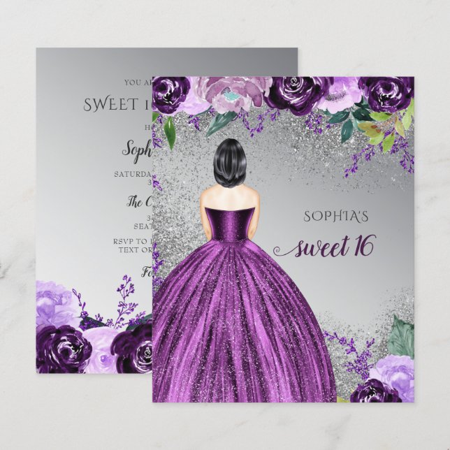 Budget Glitzer Lila Kleid Sweet 16 Einladung (Vorne/Hinten)