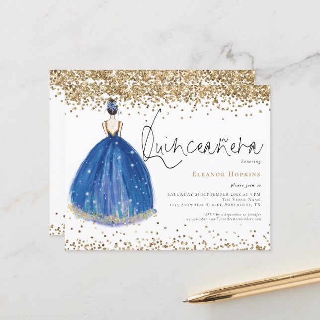 Budget Glitzer Navy Gown Quinceanera Einladung (Vorderseite/Rückseite Beispiel)