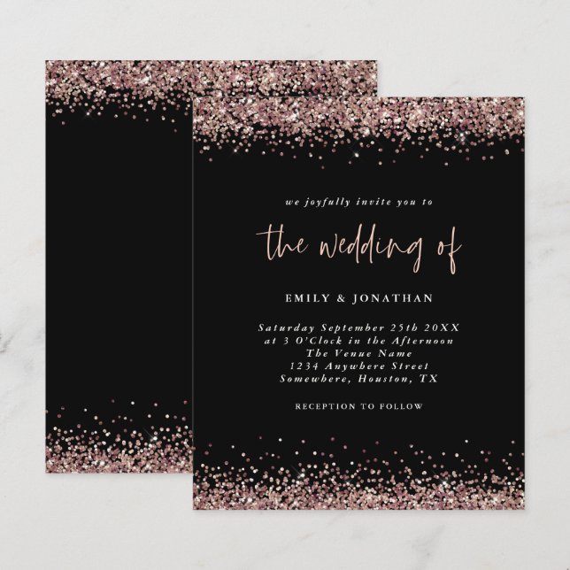 Budget Glitzer Rose Gold Wedding Black Einladung (Vorne/Hinten)