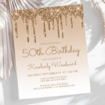 Budget Glitzer Tropfen Gold 50. Geburtstag Einladu<br><div class="desc">Dieses trendige 50. Geburtstagsjubiläum besticht durch eine funkelnd goldene Imitat Glitzer Tropfen-Grenze und einen farbenfrohen Hintergrund. Die Wörter "50. Geburtstag" und der Name des Ehrengast erscheinen in lässiger Goldschrift,  mit der Erholung des anpassbaren Textes in goldenen Sans Serif Schriftart. Das gleiche goldene Glitzer Tropfen Design erscheint auf der Rückseite.</div>