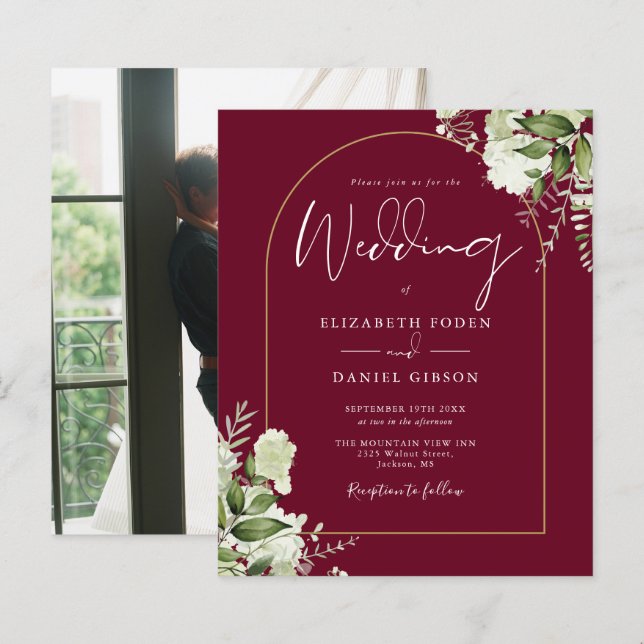 Budget Gold Arch Burgundy Foto Hochzeit Einladung (Vorne/Hinten)