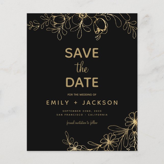 Budget Gold Black Modern Save the Date Floral Ann Flyer (Vorne)