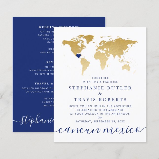 Budget Gold Blue Map Hochzeit in Urlaubsort Einlad (Vorne/Hinten)