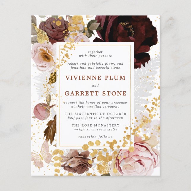 Budget Gold Burgundy Dusty Pink Einladung Hochzeit (Vorderseite)