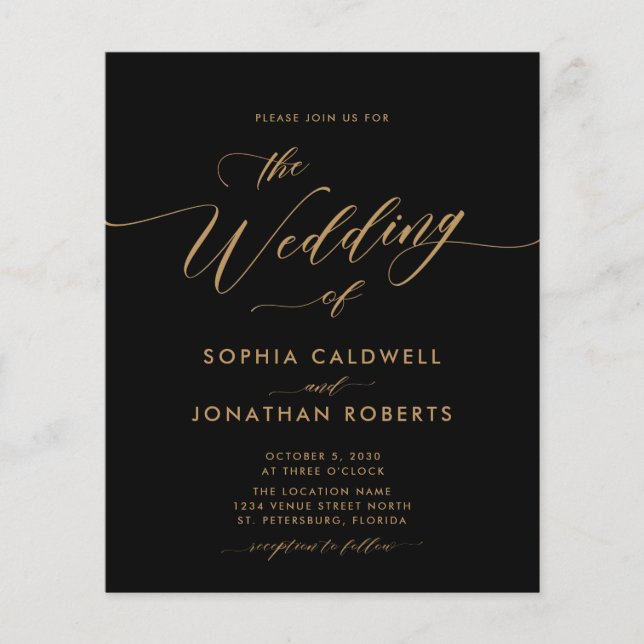 Budget Gold Calligraphy Black Wedding Einladung (Vorderseite)