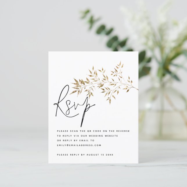 Budget Gold Feuilles QR Code Mariage RSVP Enclôtur (Debout devant)